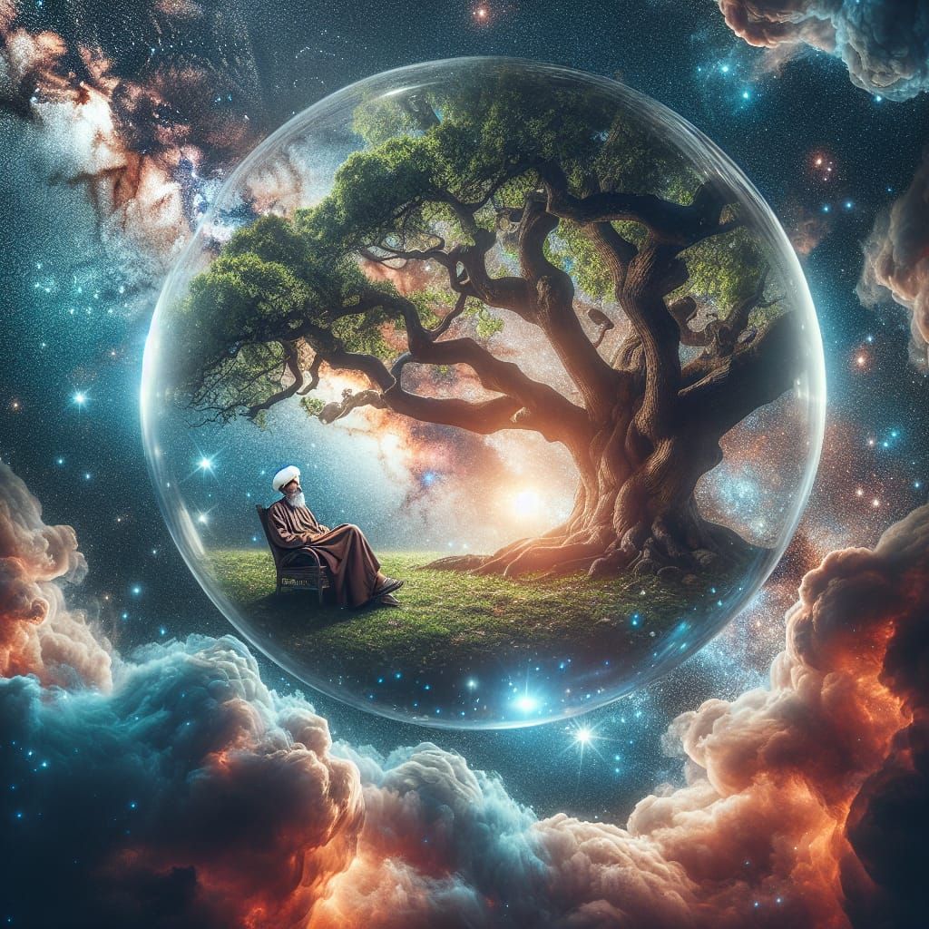 Glass Sphere Encapsulating Man Under Oak Tree