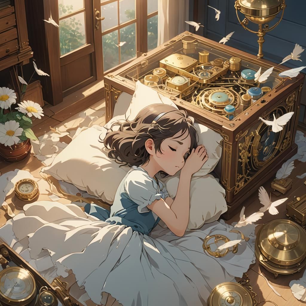 Sleeping Girl with Music Box in Anime Style