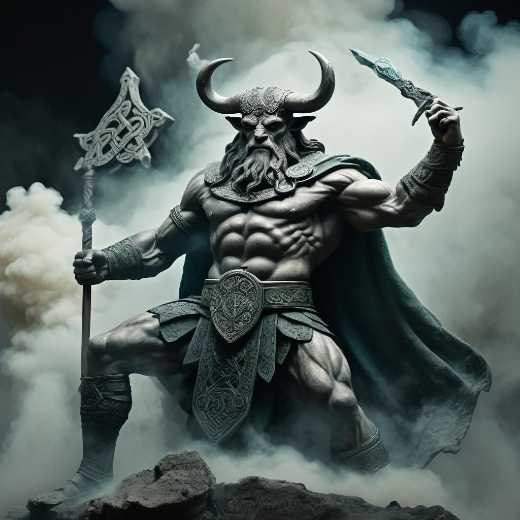 Triumphant Minotaur Over Justicia in Celtic Setting