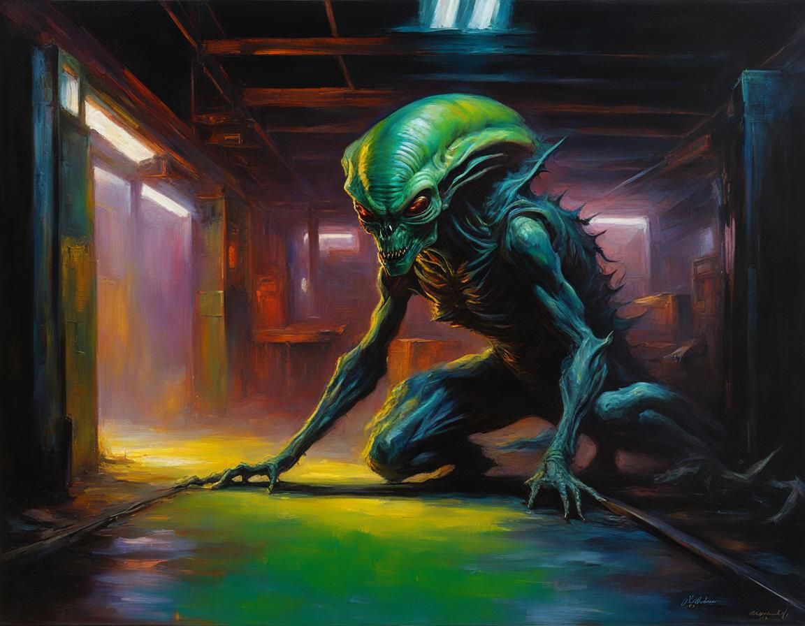 Alien Creeping Through Shadows as Oil Painting