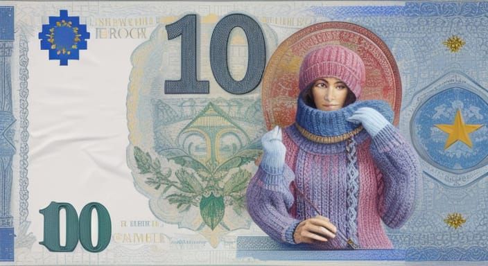 Beautiful Woman Knitting Sweater on European Banknote