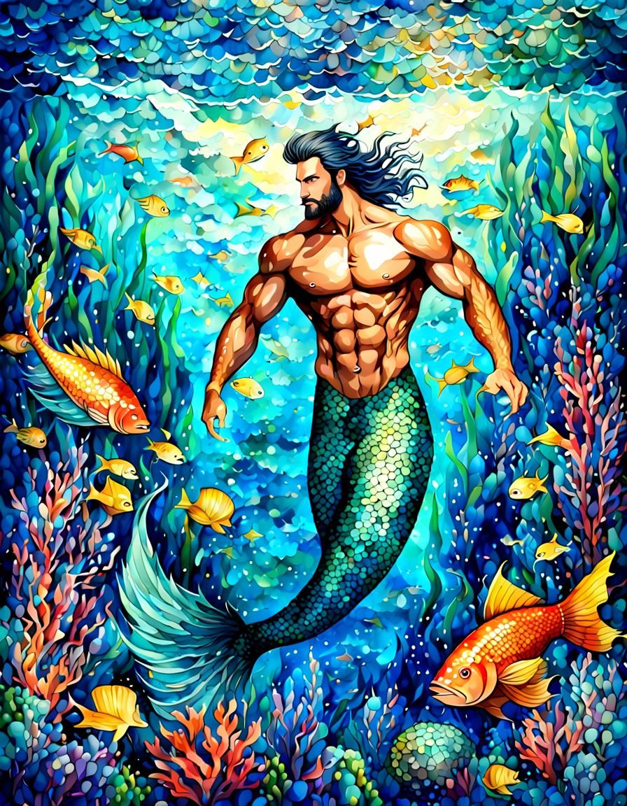 Merman in Teeming Ocean, Digital Art