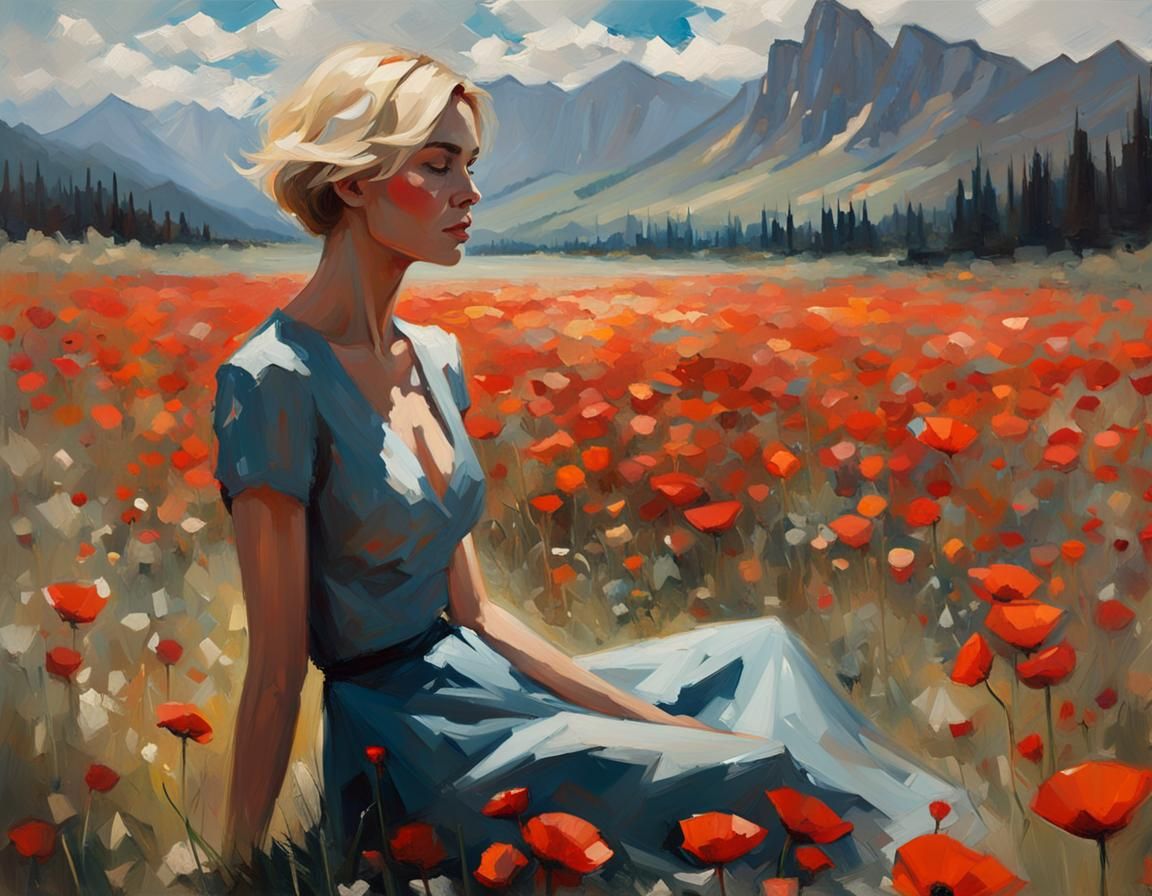 Woman in Poppy Field: Impasto Oil Painting