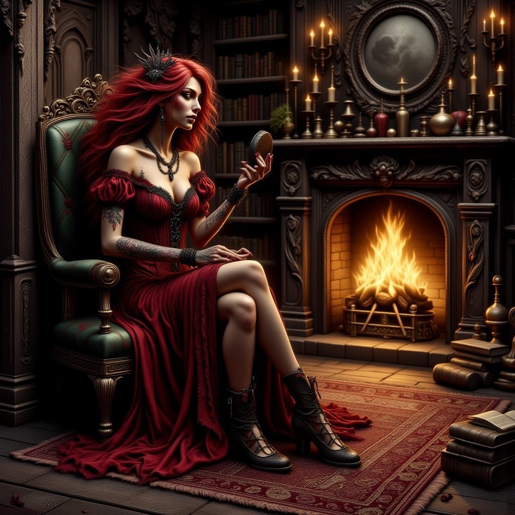 Gothic Queen Scrying in Haunted Library, Dark Fantasy Art