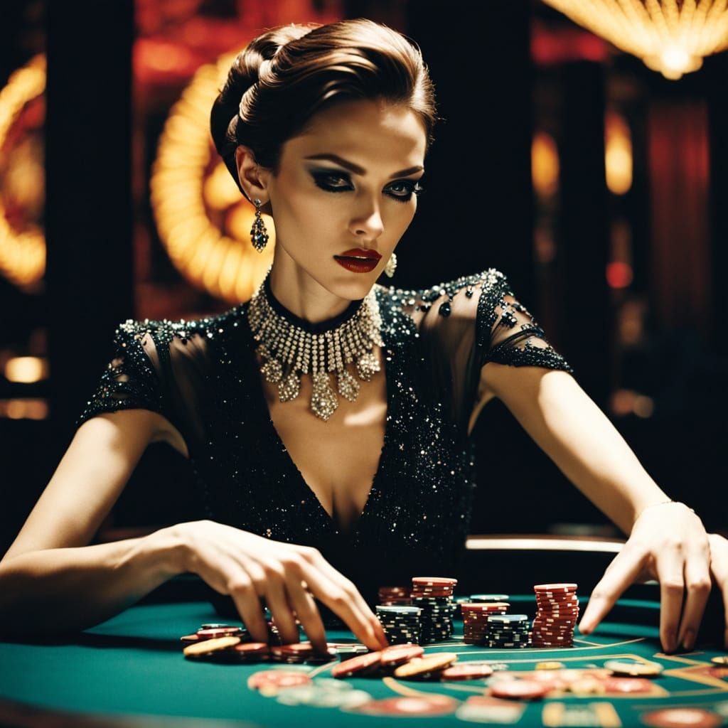 Elegant Woman at Luxurious Casino Roulette Table in Film Noi...