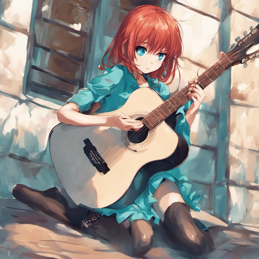 Anime Girl with Red Hair Playing Guitar