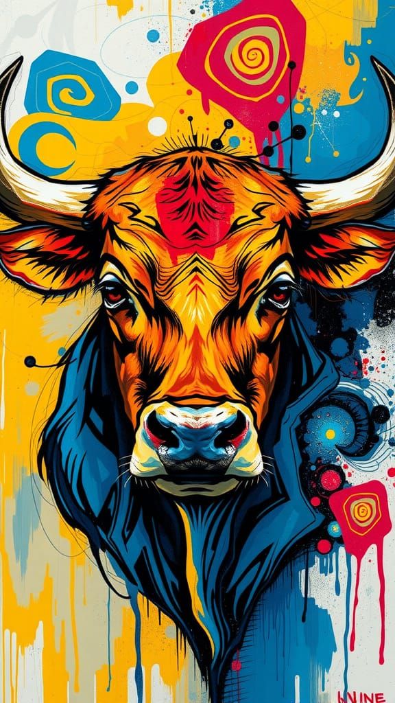 Bold Abstract Expressionist Bull Portrait in Vibrant Colors