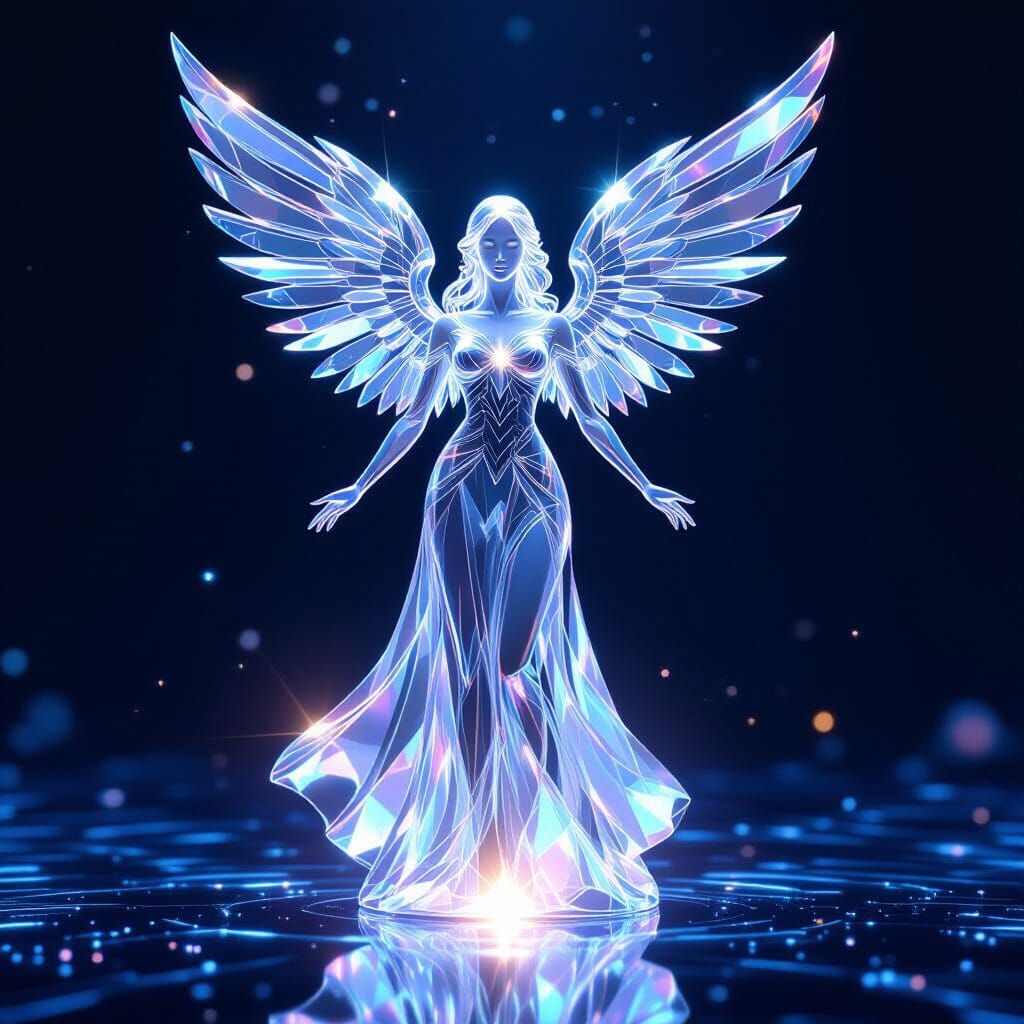 Futuristic Crystal Angel in Holographic Glass