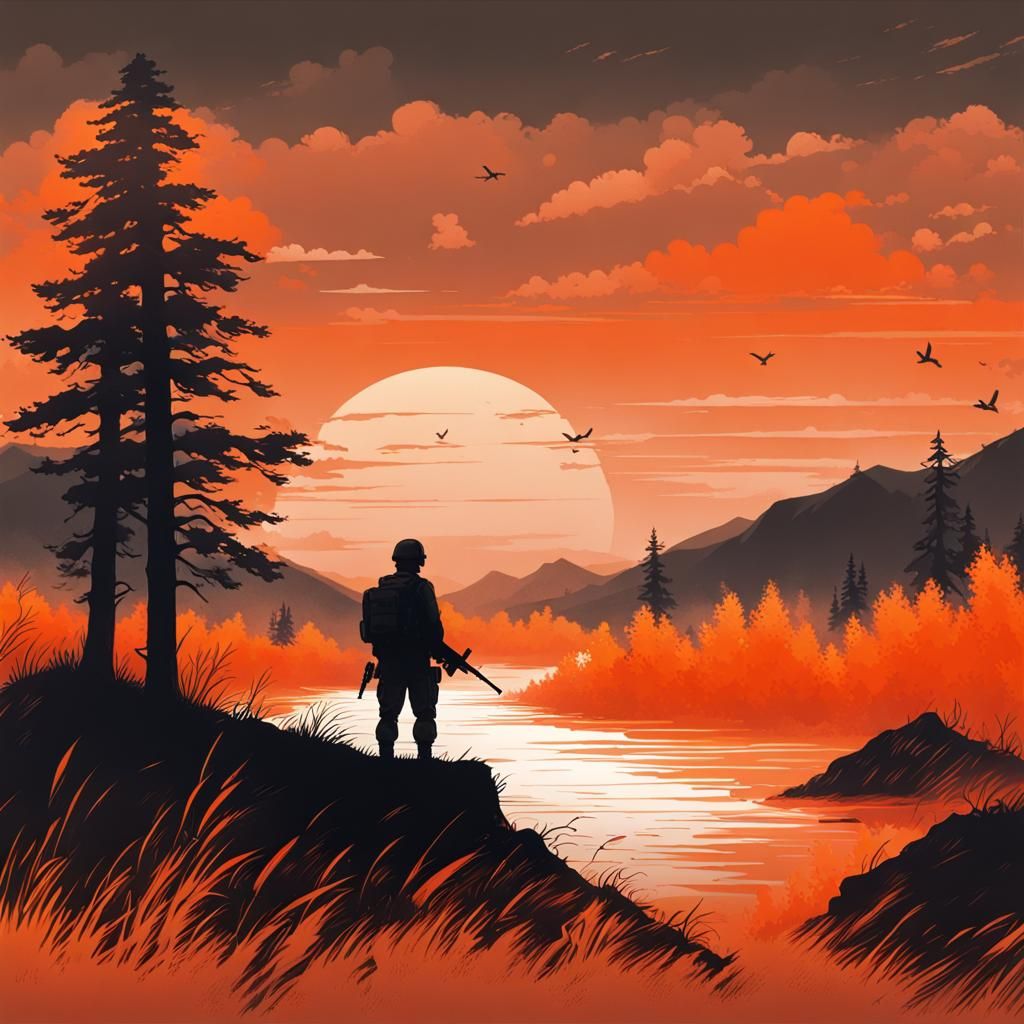 Resilient Soldier in Orange Silhouette Landscape