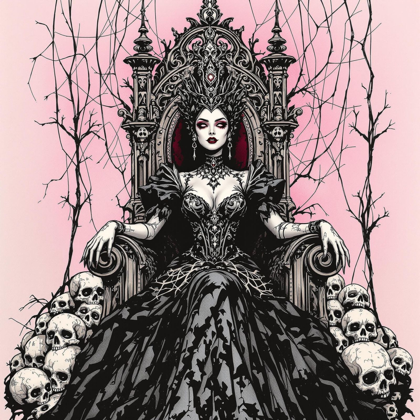 Gothic Queen in Victorian Throne Room, Ink Art