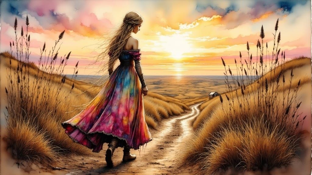 Mysterious Medieval Maiden in a Desolate Landscape