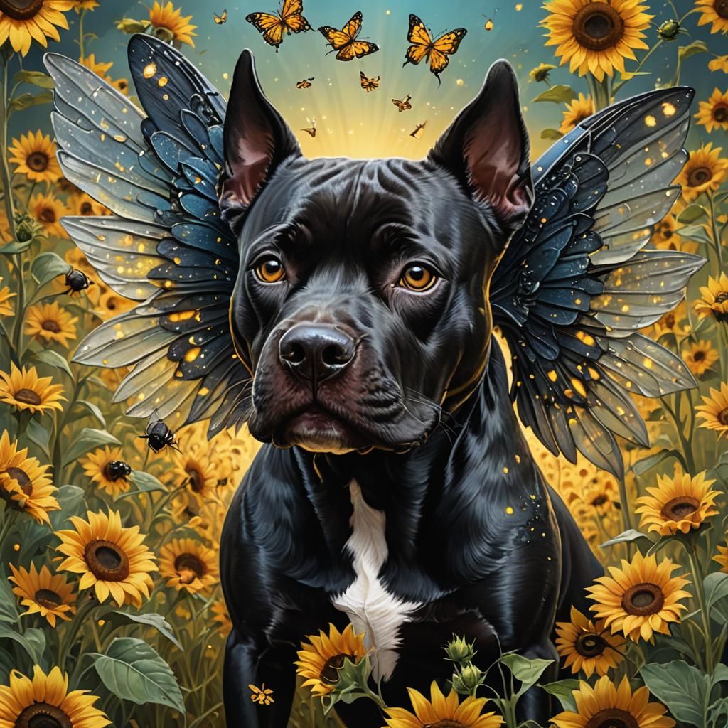 Winged Pitbull Terrier in Enchanted Sunflower Field