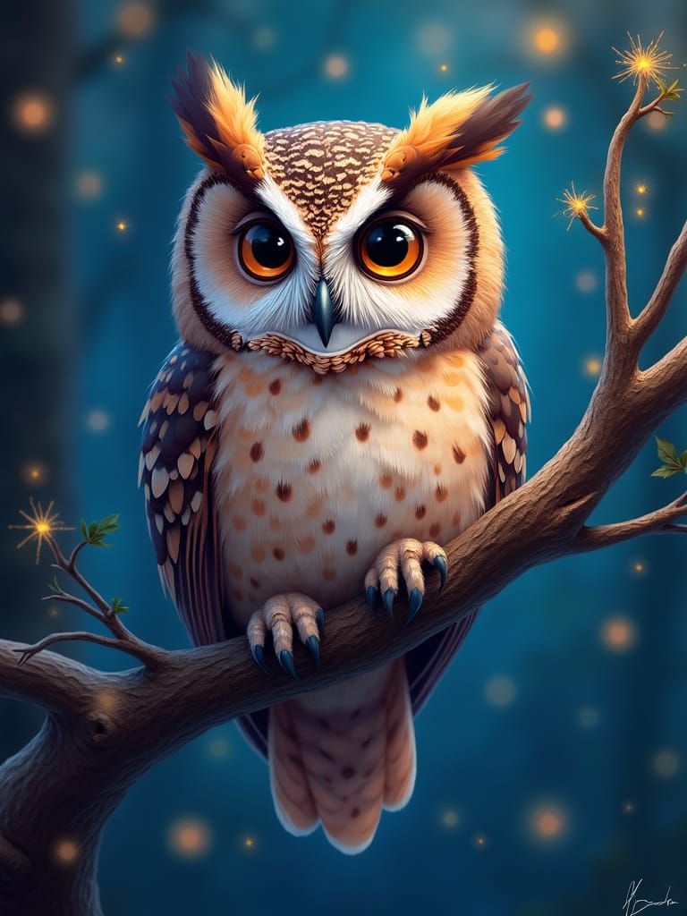 Vibrant Owl on Branch in Aquarel Style