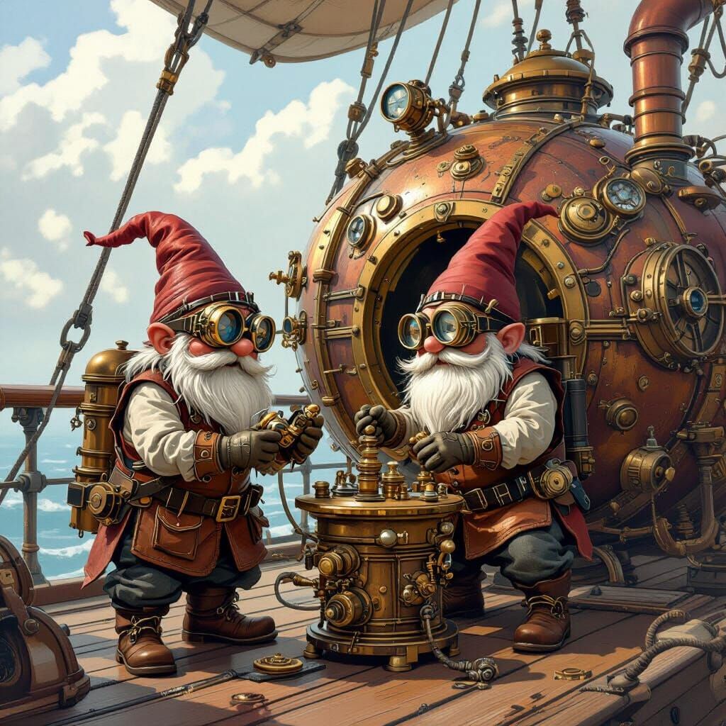Gnome Technicians Repairing Steampunk Snail Airship