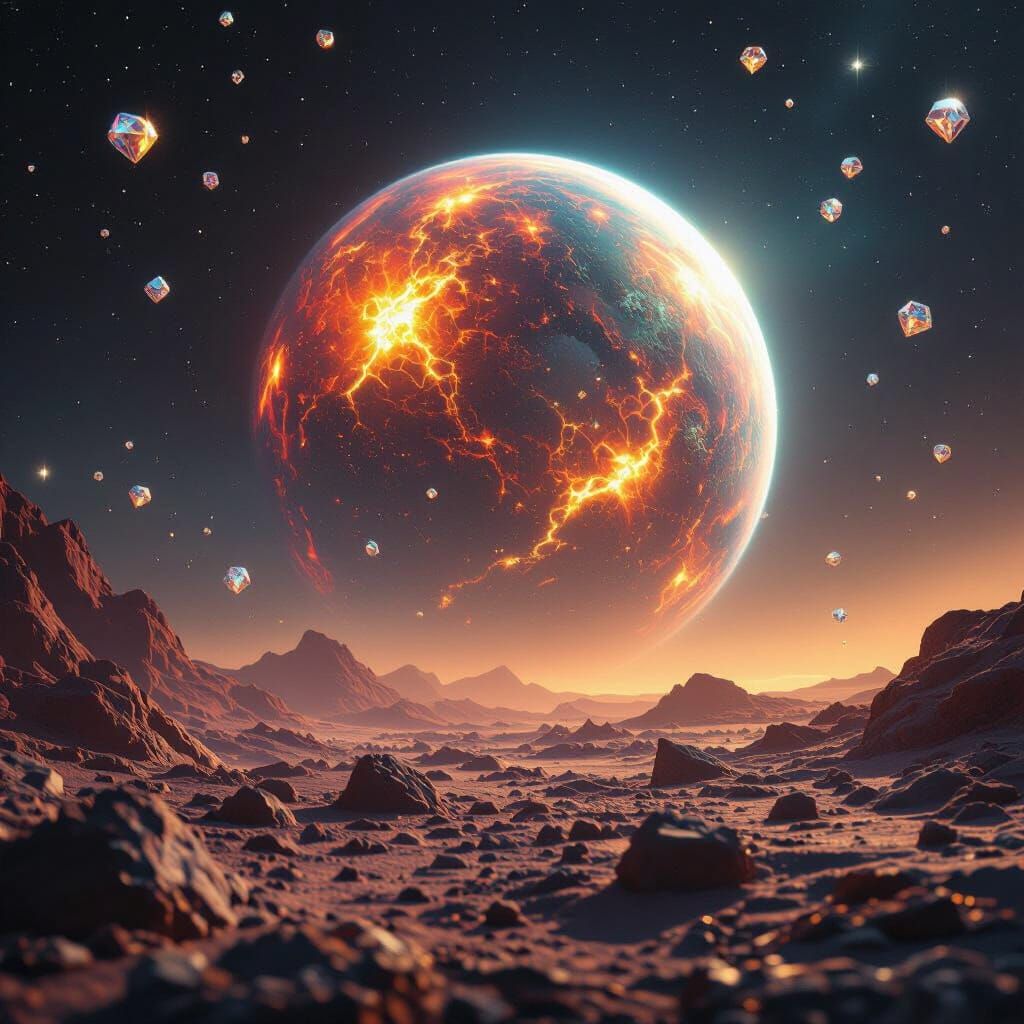 Alien Planet with Glowing Atmosphere and Crystal Rain