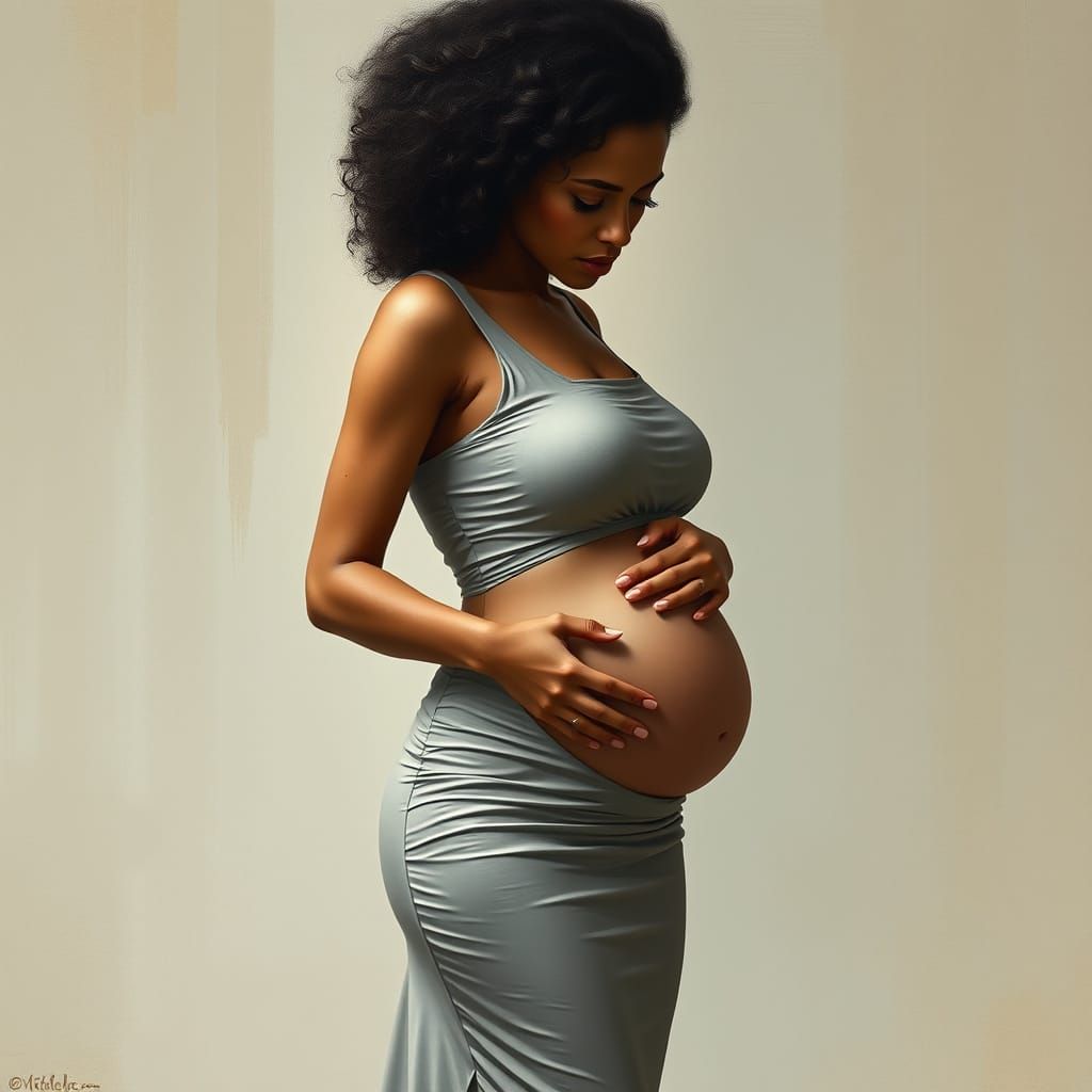Serene Pregnant Woman in Contemplative Pose, with Soft Light...