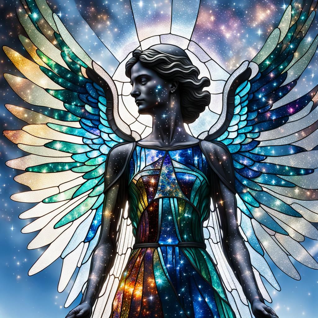 Reflective Stained Glass Angel in Galaxy Sky