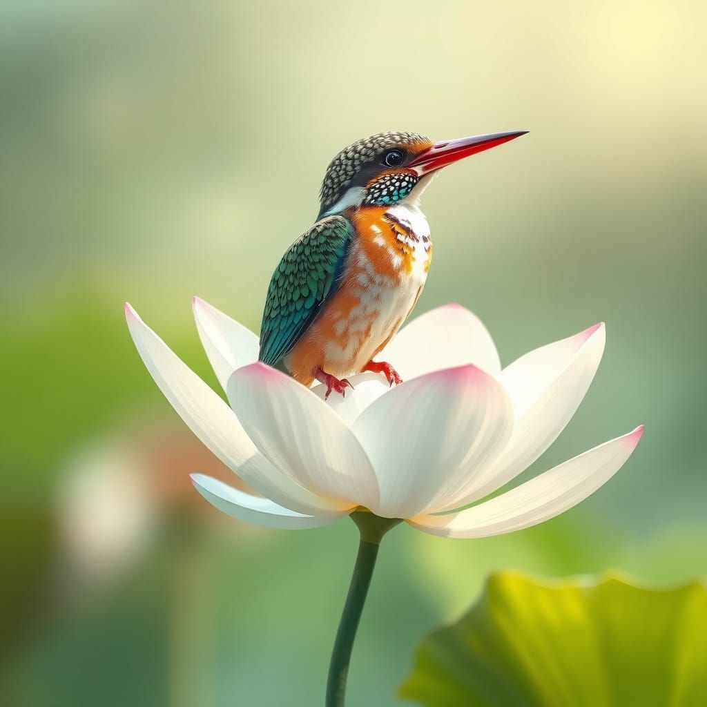 Kingfisher on Lotus in Dreamy Digital Art Style