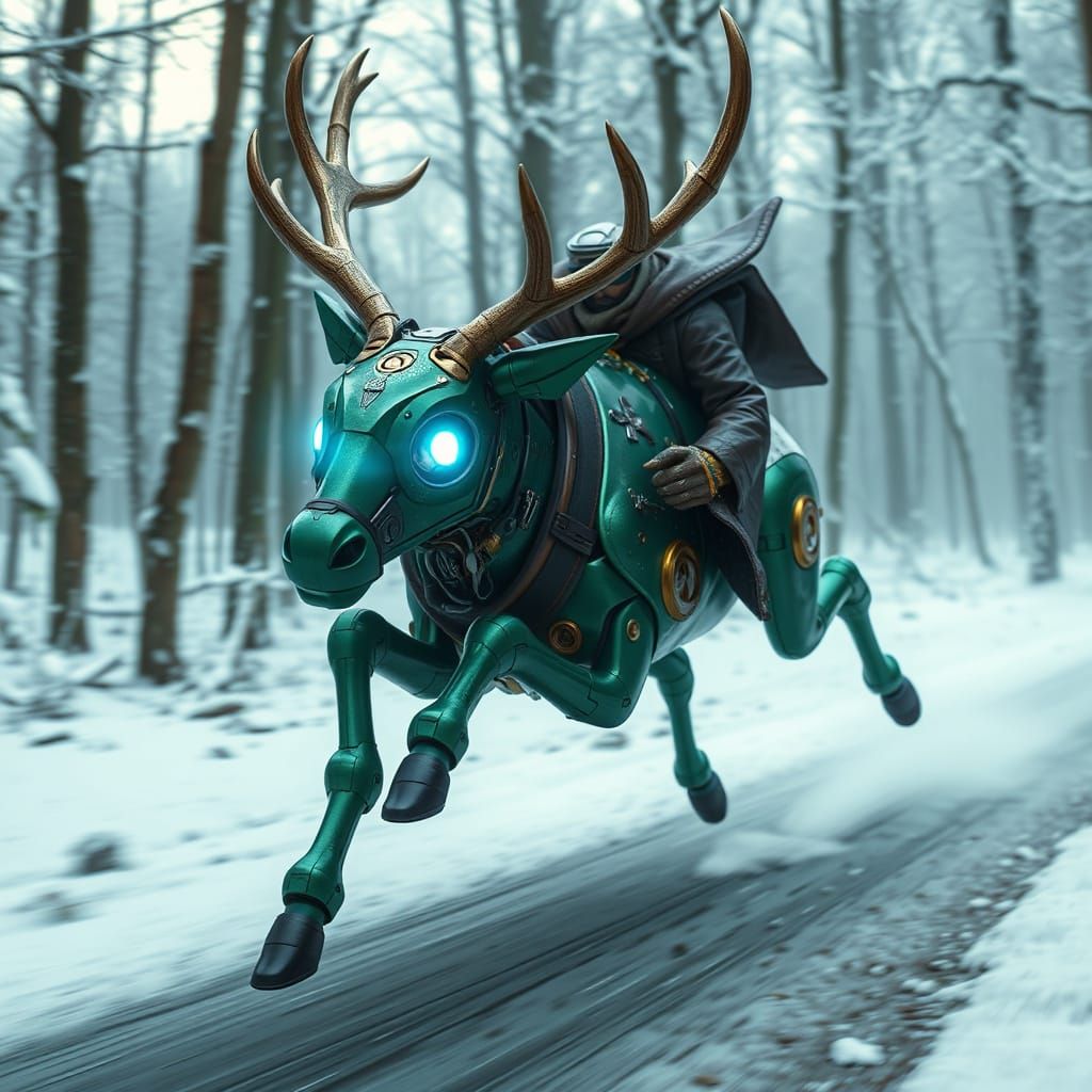 Steampunk Robodeer Runs Through Snowy Forest in Atmospheric ...