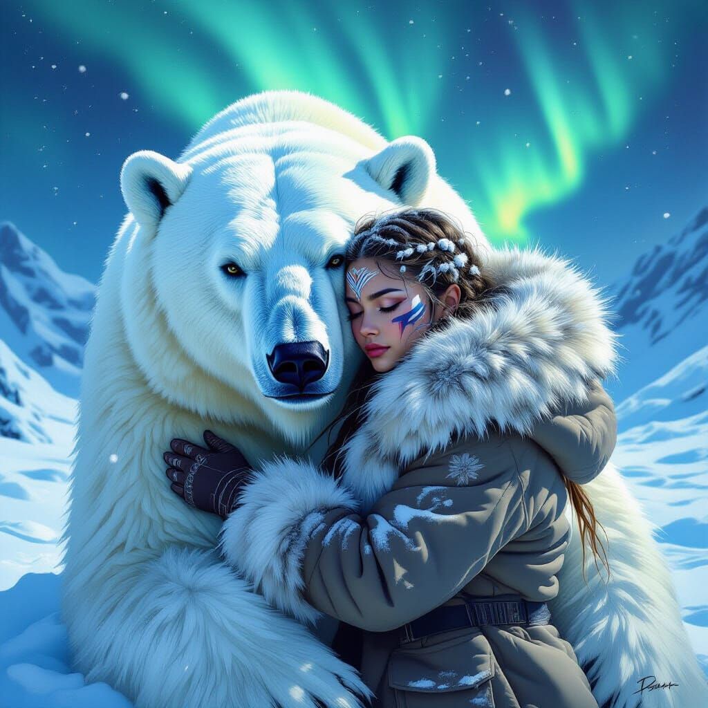 Arctic Girl Hugs Polar Bear in Ethereal Aurora Glow