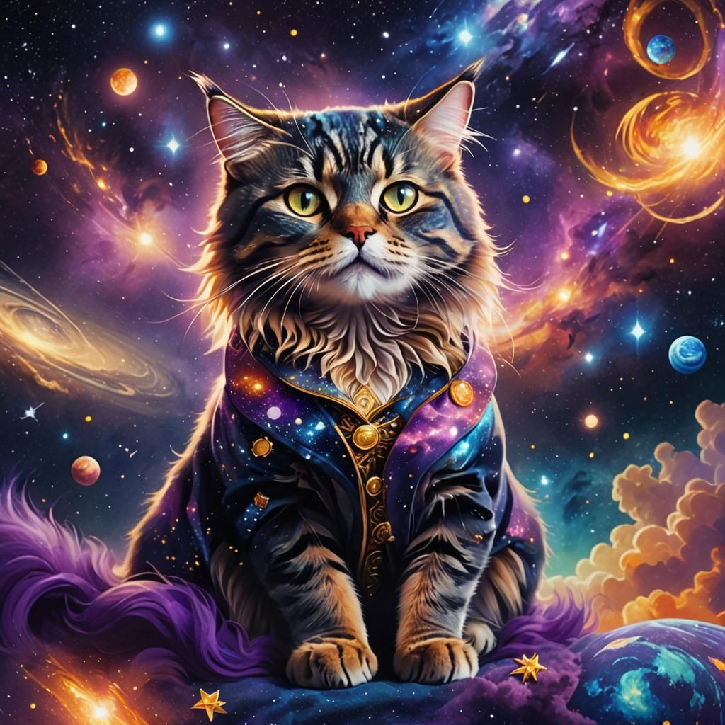 Galaxy Cat Floating in Space: Digital Art