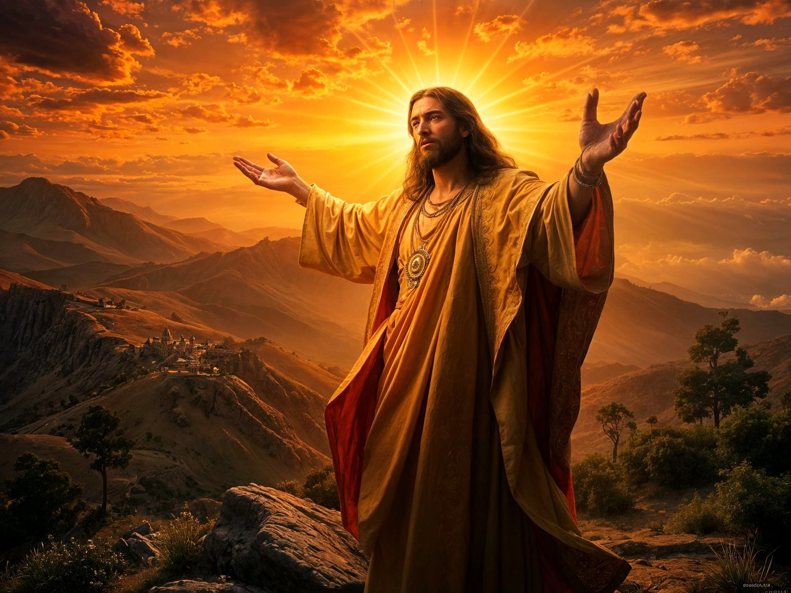 Glowing Jesus Preaches to Followers on a Mountainous Galilea...