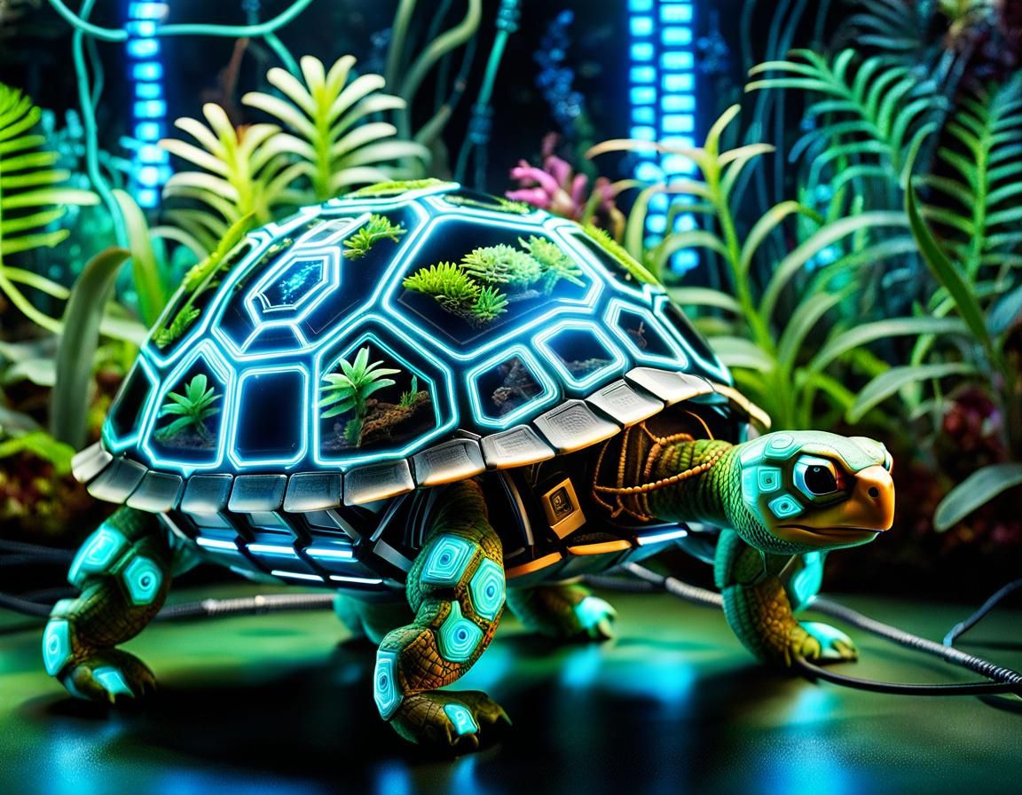 Cyberpunk Cyborg Turtle Portrait with Neon Lights