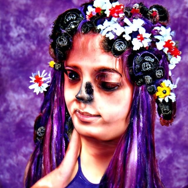 Day of the Dead Girl Portrait with Purple Flowers