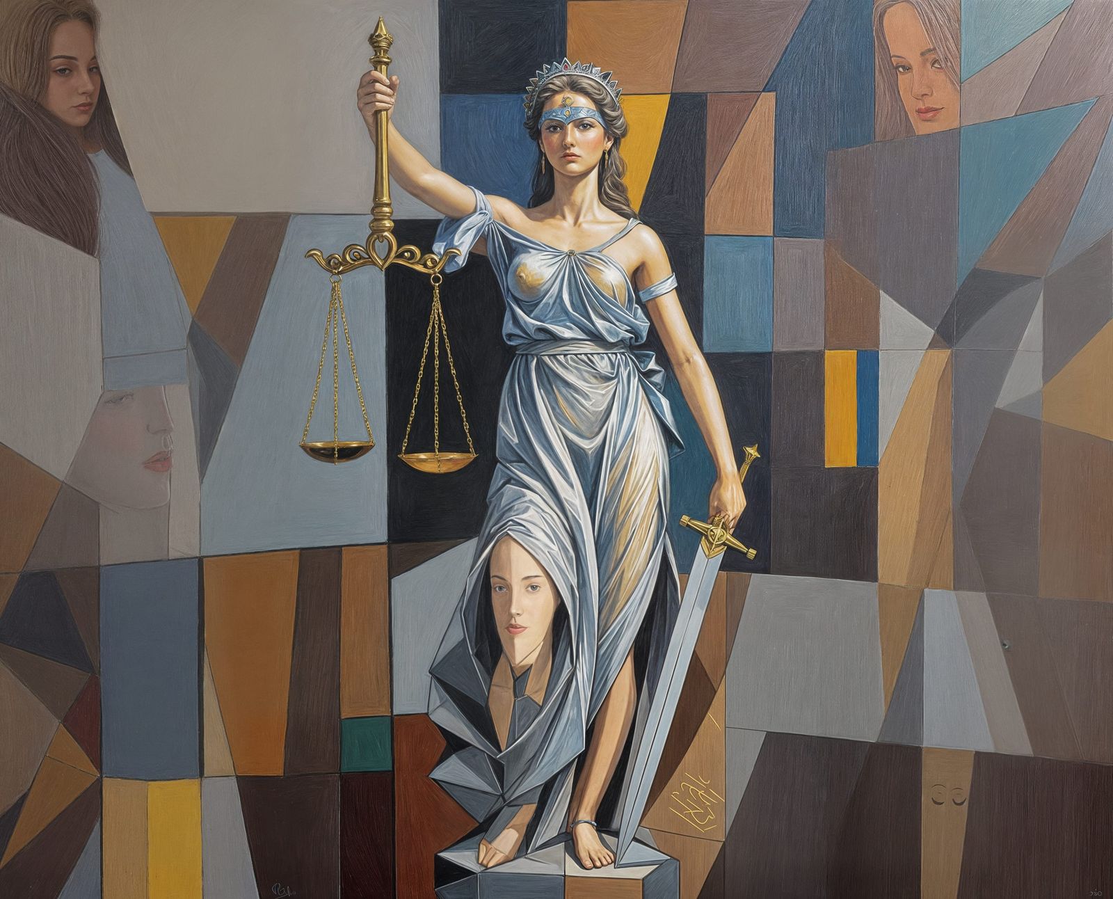 Cubist Goddess of Justice in Oily Colors