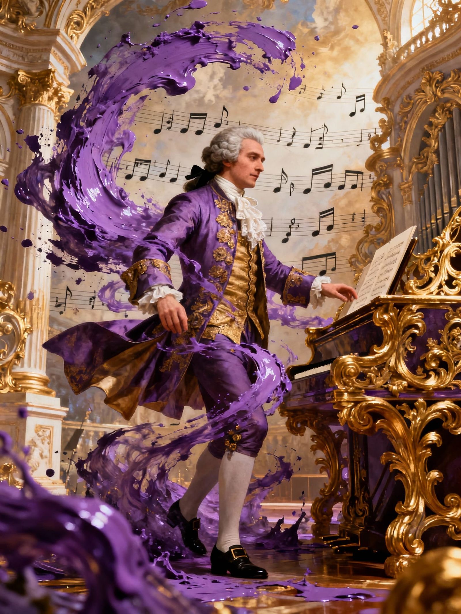 Baroque extravagant Mozart  fantasies shaped by purple paintsplash baroque golden splash symphonical background
