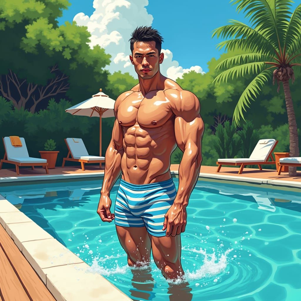 Confident Korean Male in a Vibrant Speedo at the Pool