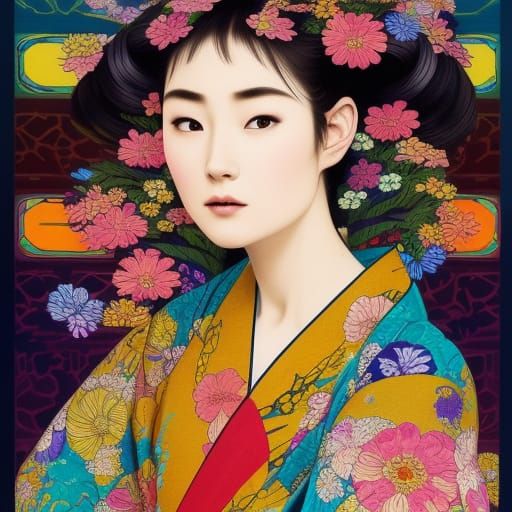 Beautiful Japanese Woman in Kimono with Rainbow Flowers