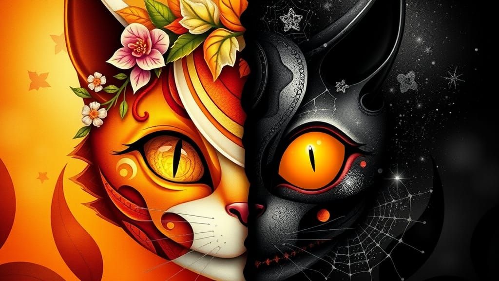 Whimsical Feline Creature: Day and Night