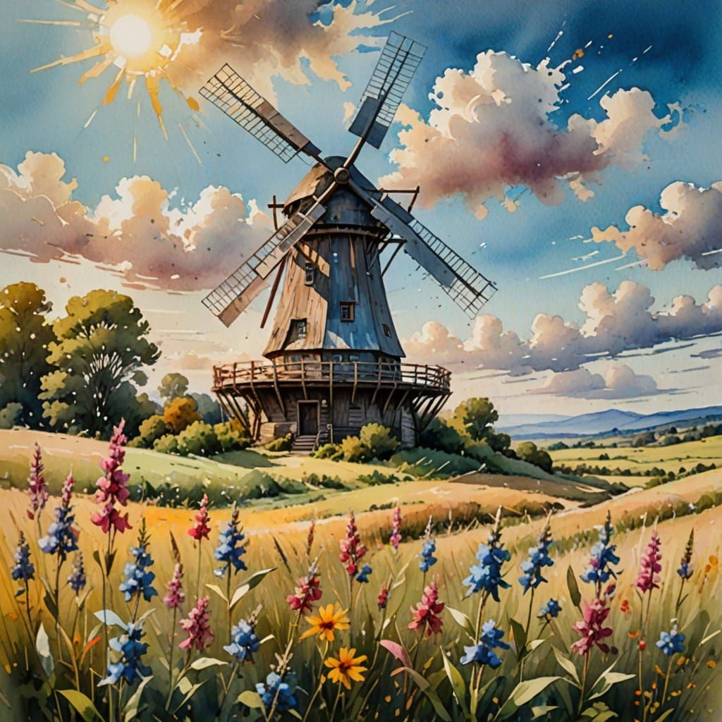 Rustic Windmill in Vibrant Watercolor Style