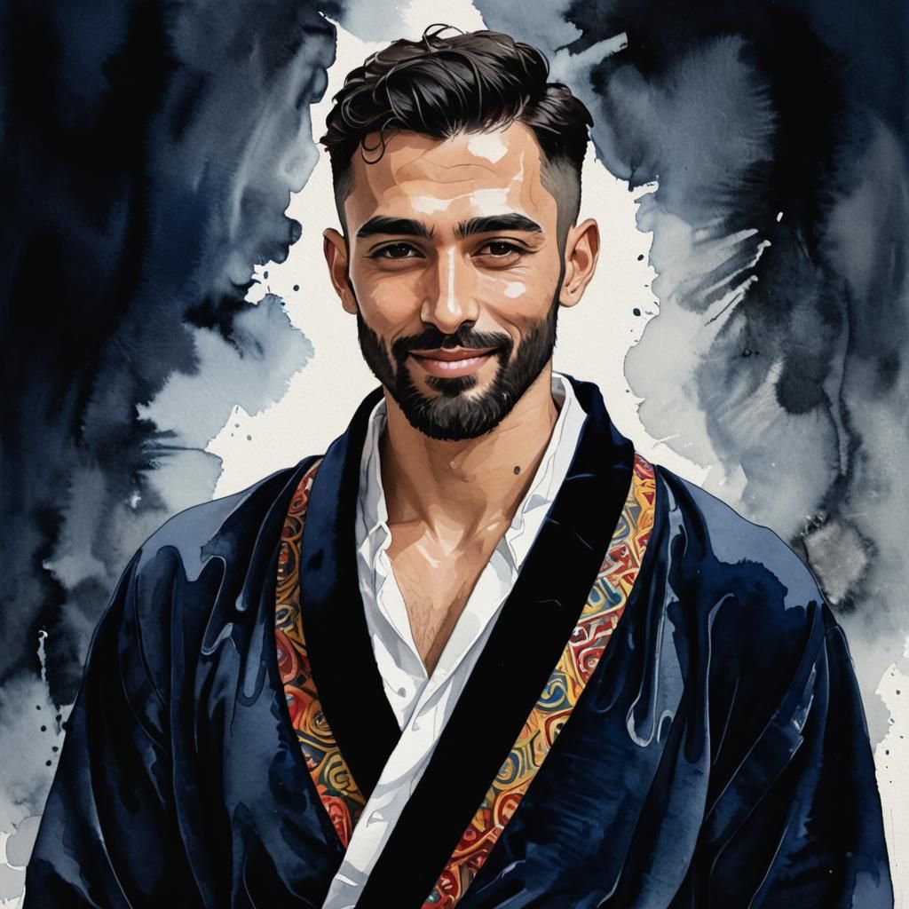 Handsome Arab Man in Velvet Bathrobe: Gouache Portrait