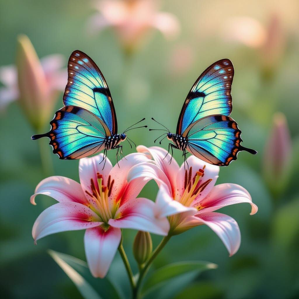 Iridescent Butterflies on Tiger Lilies, Psychedelic Elegance