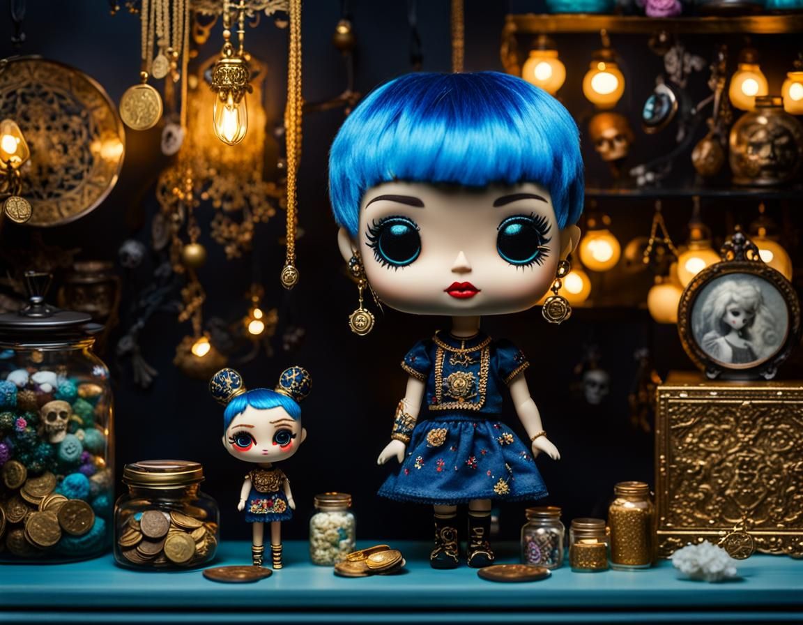 Blue-Haired Doll with Gothic Embroidery and Gold
