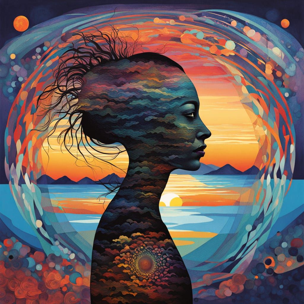 Veiled Woman at Sunset: A Glitch Art Composition