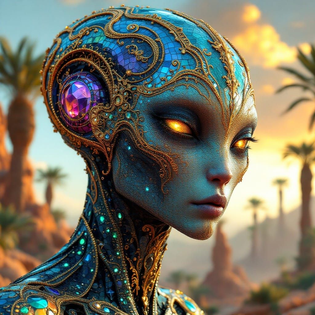 Ethereal Mosaic Alien in Lush Oasis