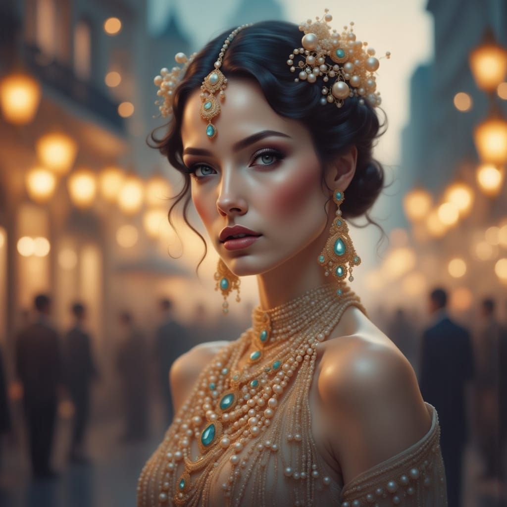 Woman with Pearls in Hair in Cityscape at Dusk