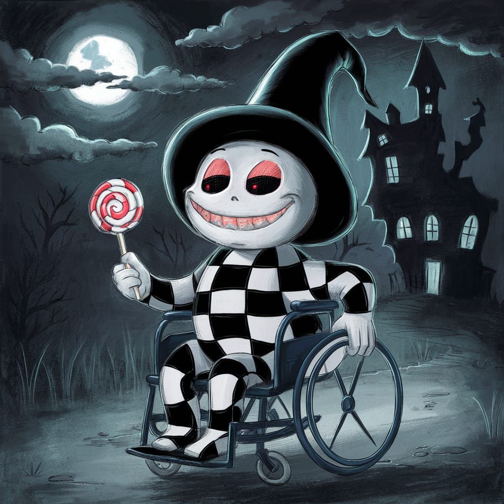 Imagine a cute cartoon image of a Anthropomorphic character in a wheelchair Tim Burton Studio Ghibli