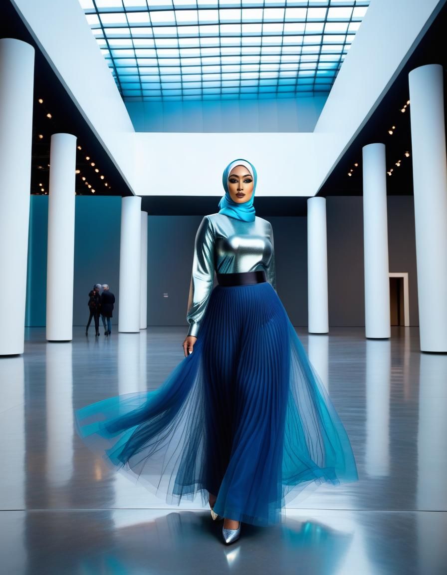 Hijabi Woman in Blue Dress Posing in Museum