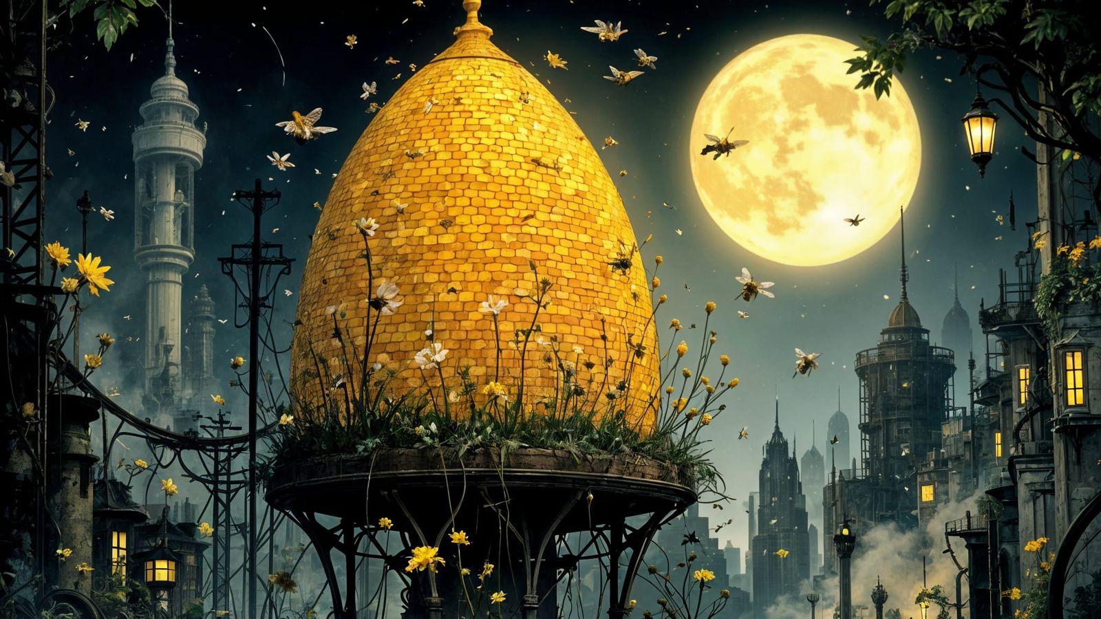 Honeycomb Hive on Skyscraper in Art Nouveau Style