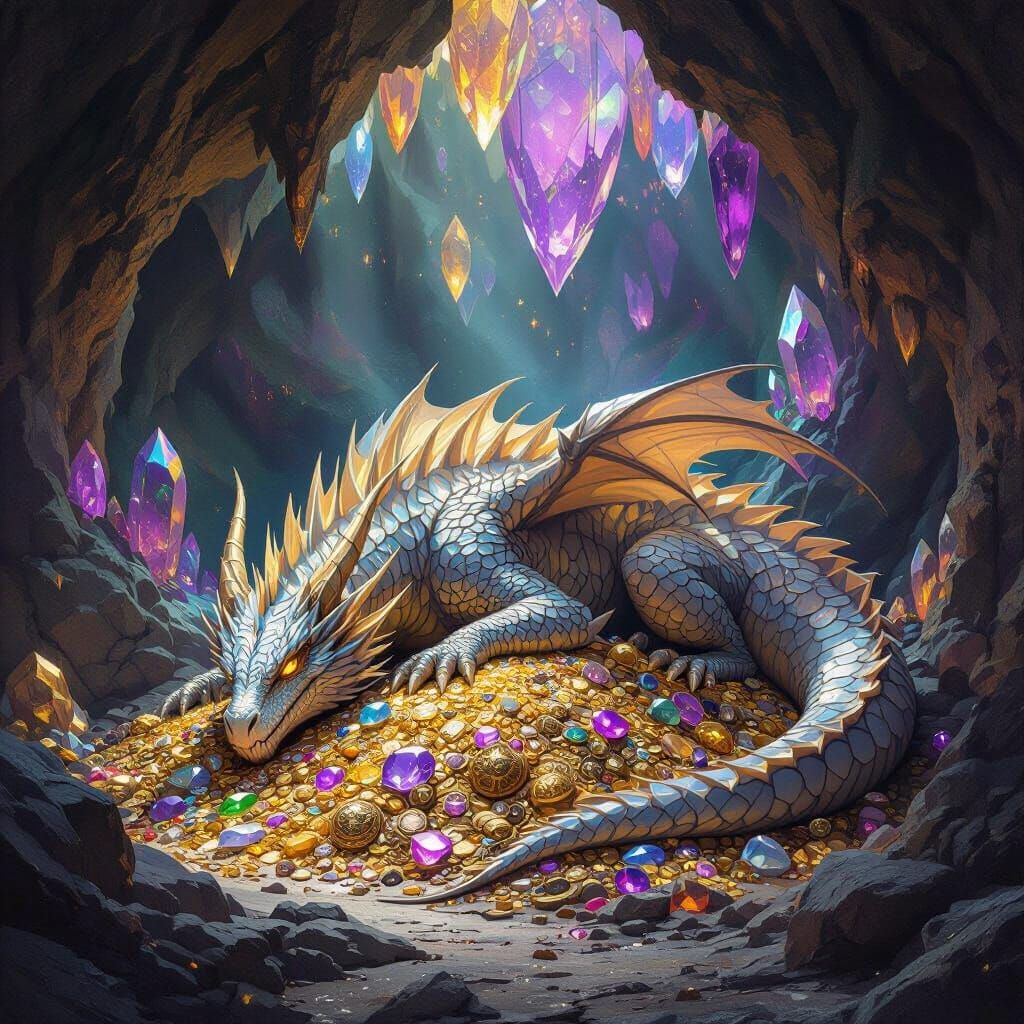 Dragon Sleeping on Gold in Crystal Cavern, Epic Fantasy Art