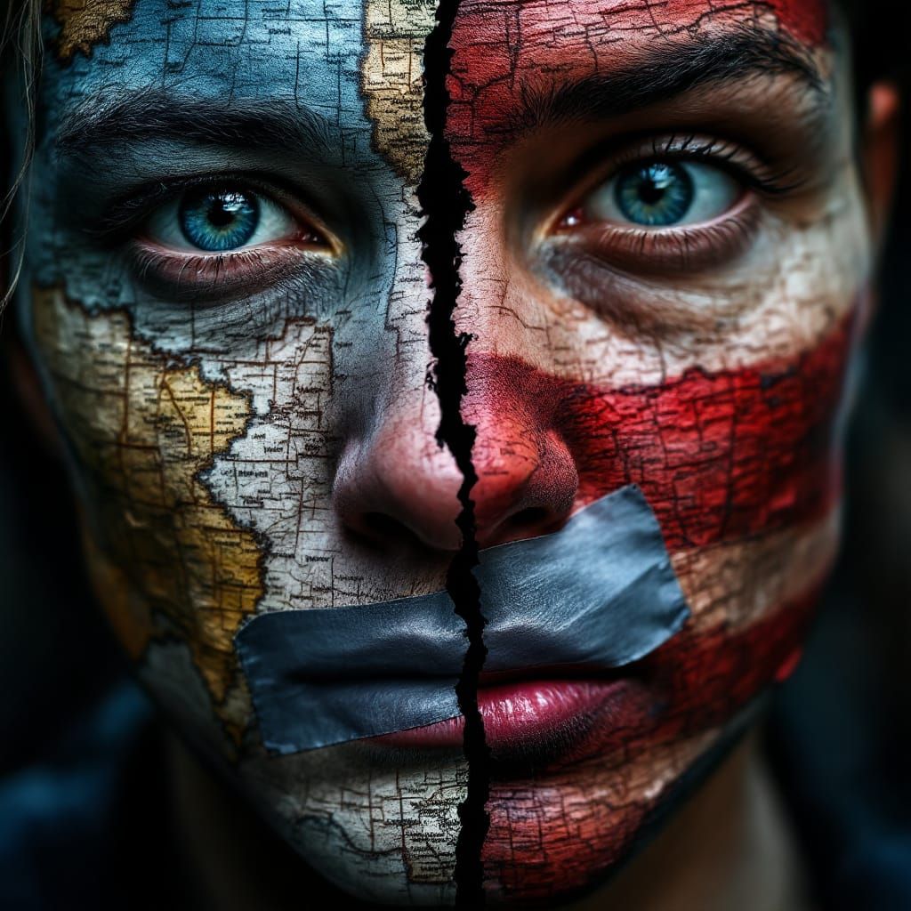 America Map Face Split with Duct Tape, HDR Photo