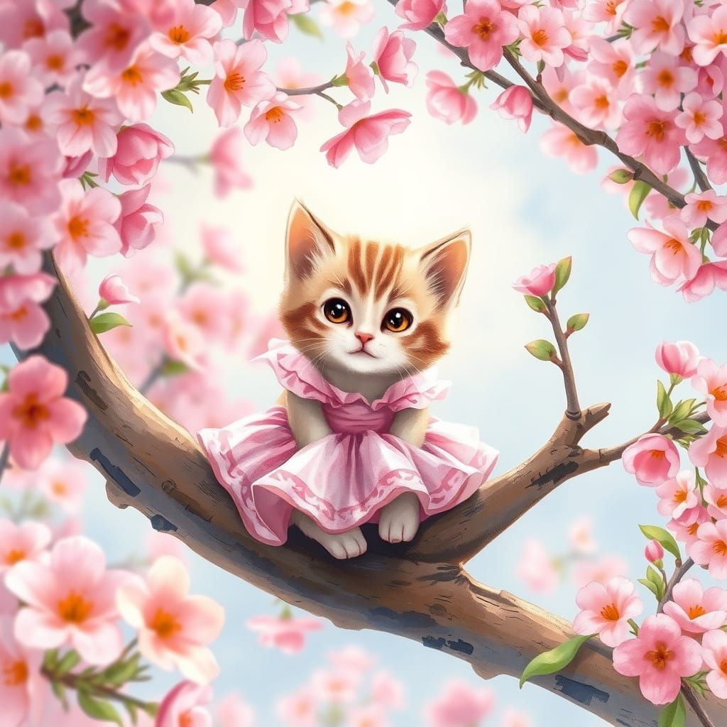 Cute Kitten in Pink Dress on Sunny Blooming Branch