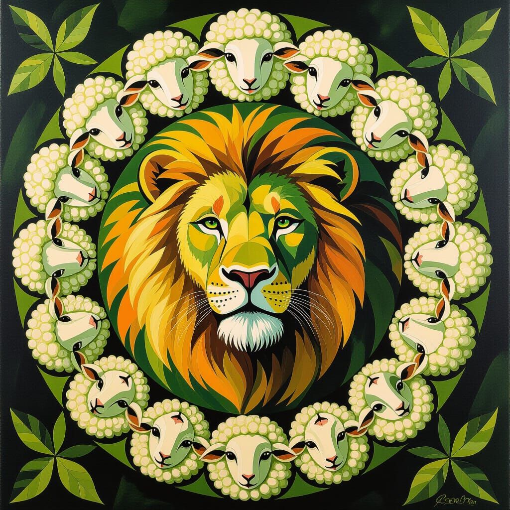 Lion Portrait with Lamb Mandala in Cezanne Style