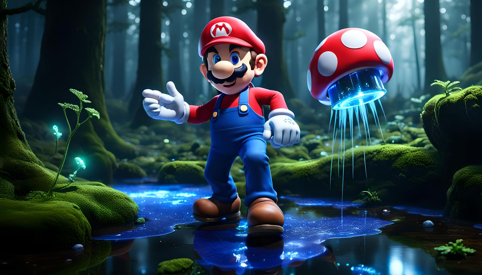 Razer Axon,RGB,Mario holding blue ghost zapper  at skelator  with dew look that has alkali seltzer and glitter  inside, ...