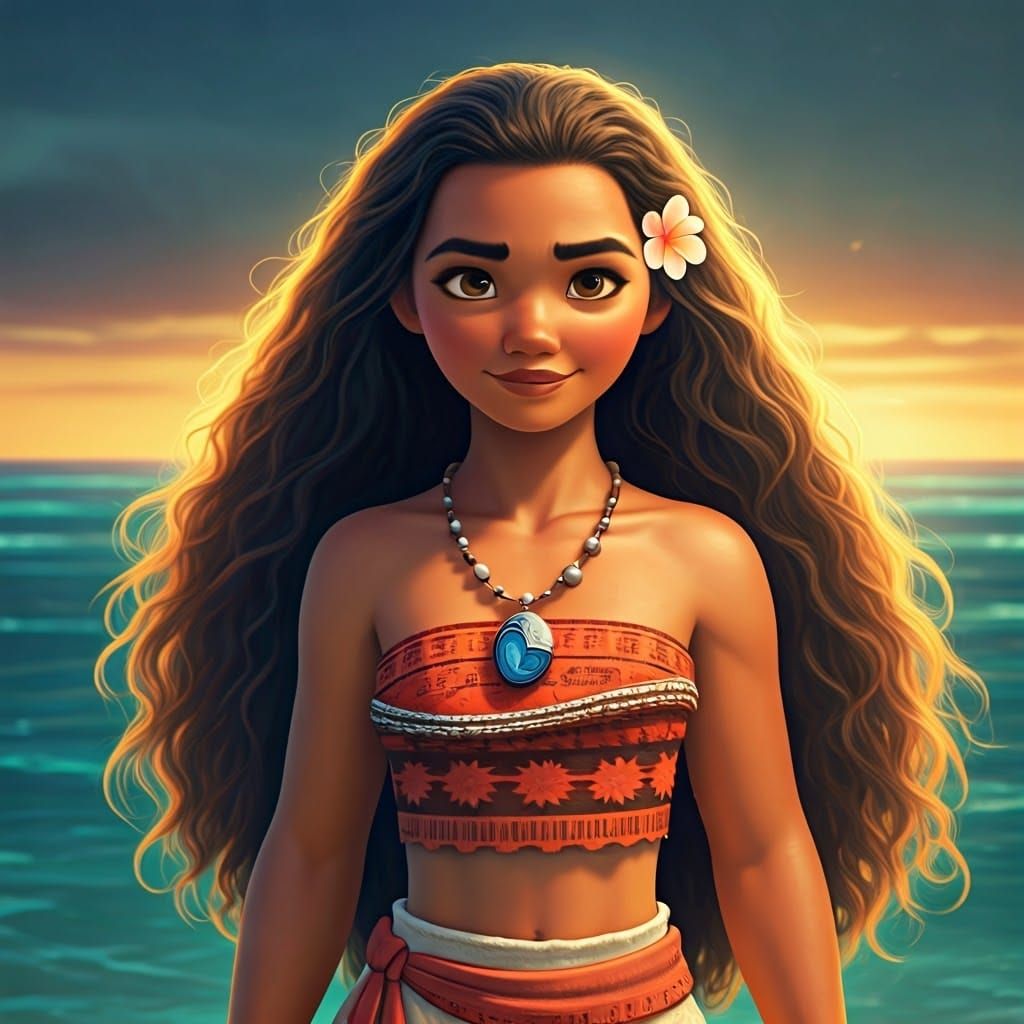 Moana at Ocean's Edge in Cinematic Style