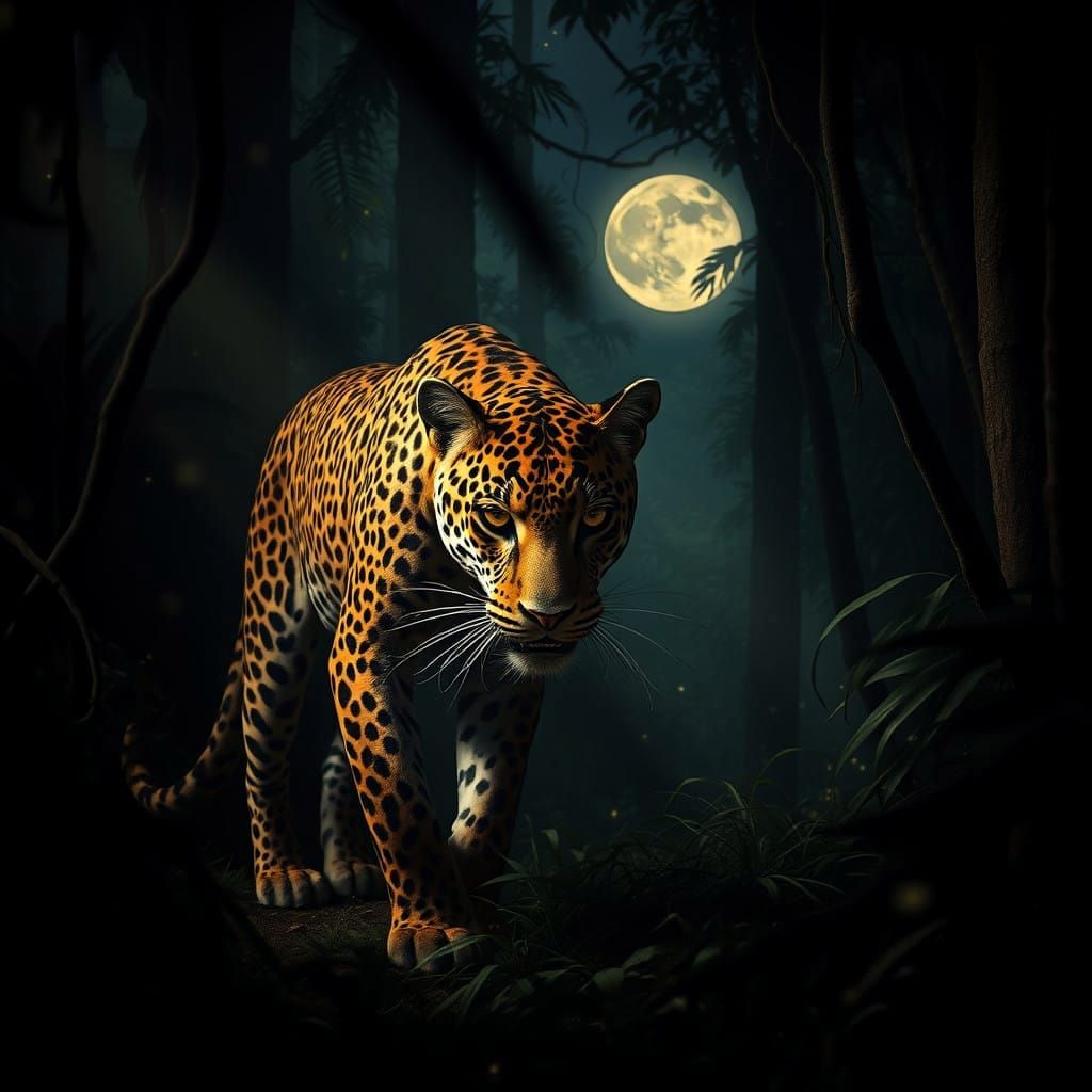 Golden Jaguar Silently Hunts in Moonlit Jungle